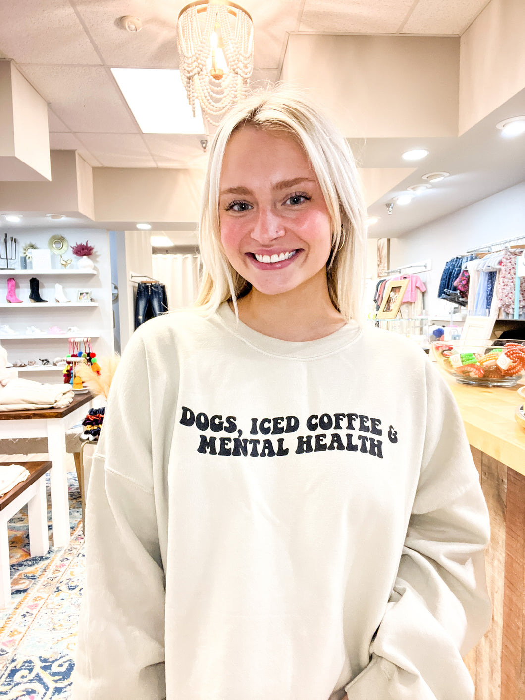 Dogs, Iced Coffee, Mental Health Crewneck