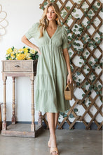 Load image into Gallery viewer, Lilac Breeze Gauze Button Front Midi Dress in Sage
